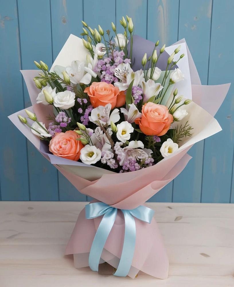 Букет цветов из: Лизиантусы, Розы, Альстромерии и Гипсофила в Калиновском